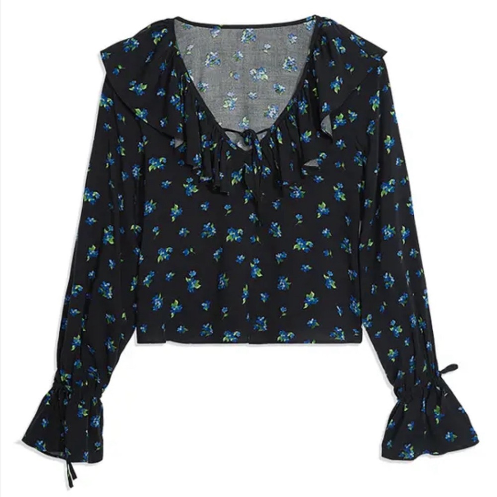 WeWoreWhat Danielle Bernstein NWT Ruffle V-Neck Blouse Poet Cuffs Black Multi S